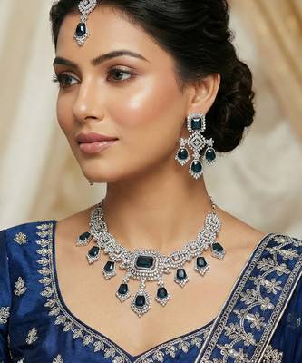 Blue rhodium premium designer american diamond and stone work necklace set 1
