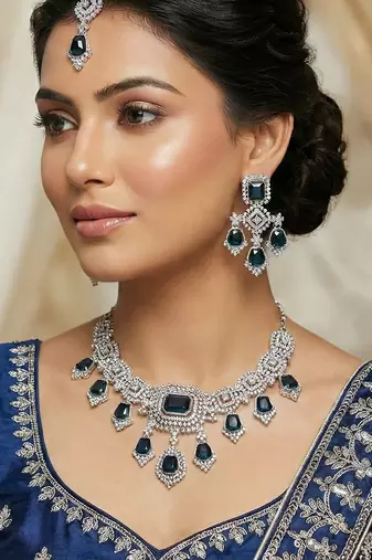 Blue rhodium premium designer american diamond and stone work necklace set