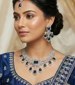 Blue rhodium premium designer american diamond and stone work necklace set