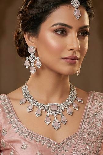 Pink rhodium premium designer american diamond and stone work necklace set