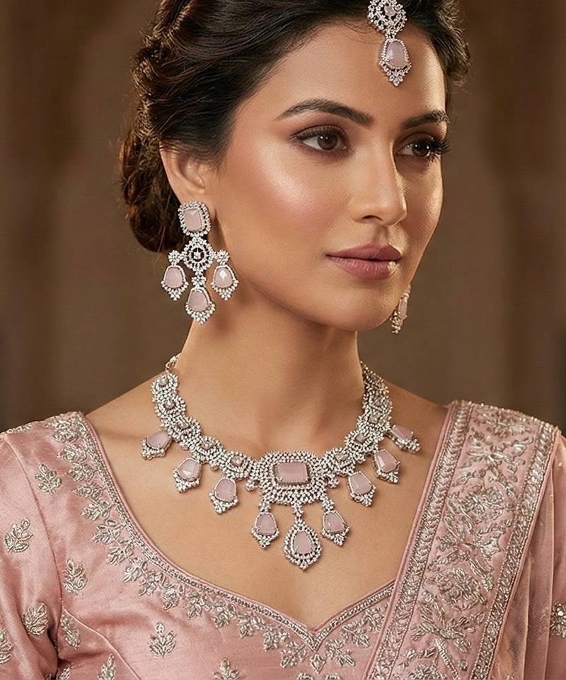 Pink rhodium premium designer american diamond and stone work necklace set