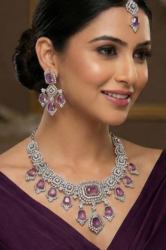 Purple rhodium premium designer american diamond and stone work necklace set