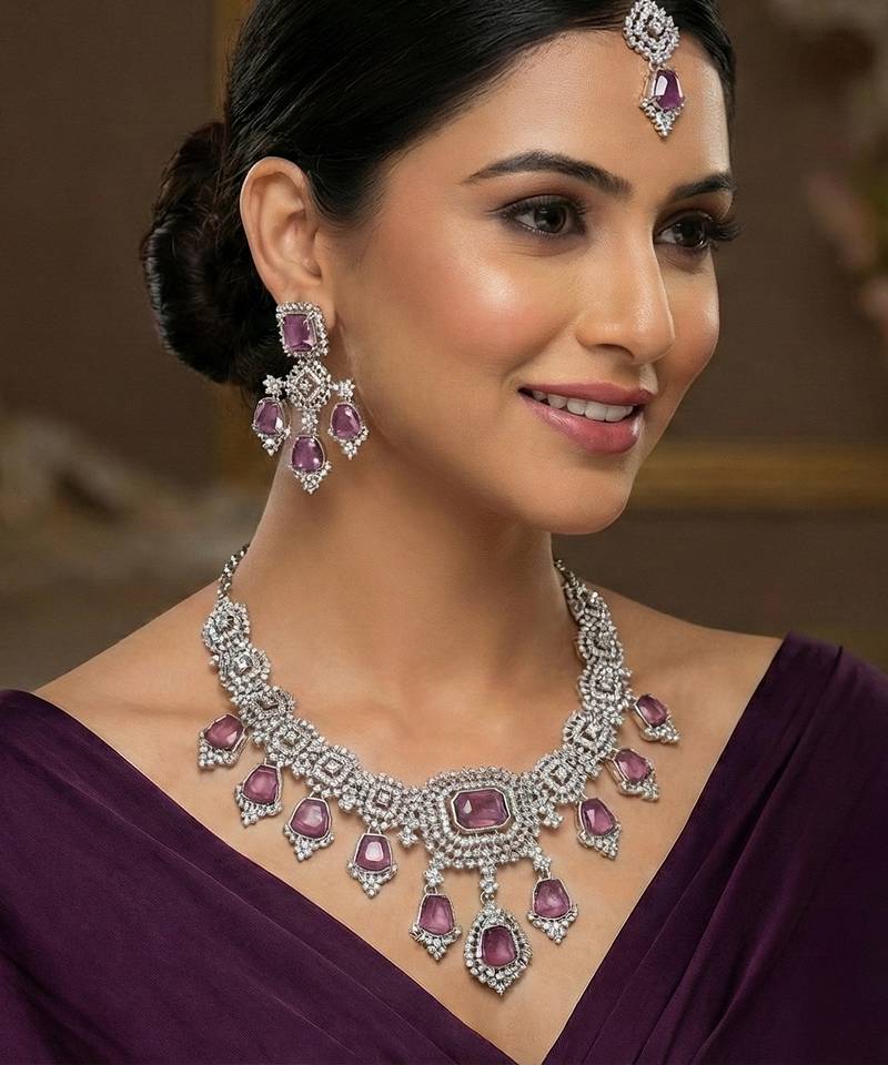 Purple rhodium premium designer american diamond and stone work necklace set