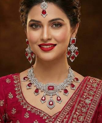 Pink rhodium premium designer american diamond and stone work necklace set 1