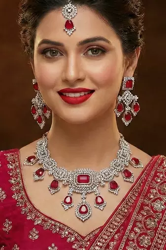 Pink rhodium premium designer american diamond and stone work necklace set