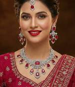 Pink rhodium premium designer american diamond and stone work necklace set