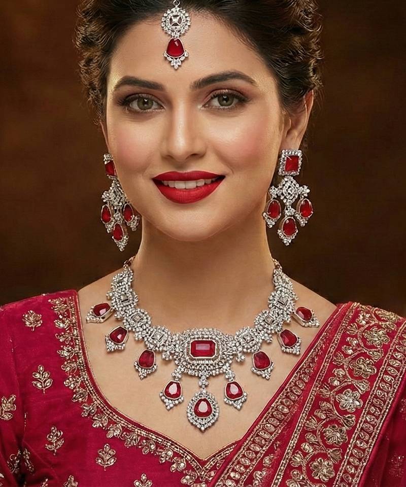 Pink rhodium premium designer american diamond and stone work necklace set