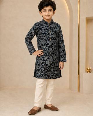 Boy's navy blue rayon geometric print knee length kurta and pyjama set 1