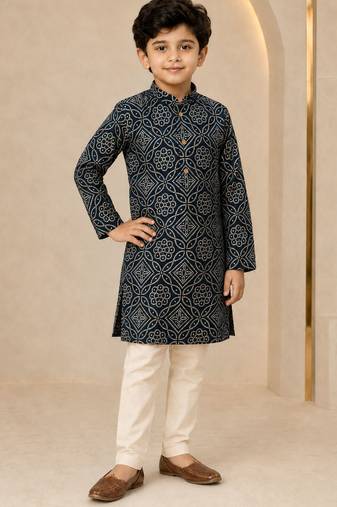 Boy's navy blue rayon geometric print knee length kurta and pyjama set