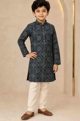 Boy's navy blue rayon geometric print knee length kurta and pyjama set