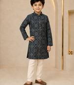 Boy's navy blue rayon geometric print knee length kurta and pyjama set