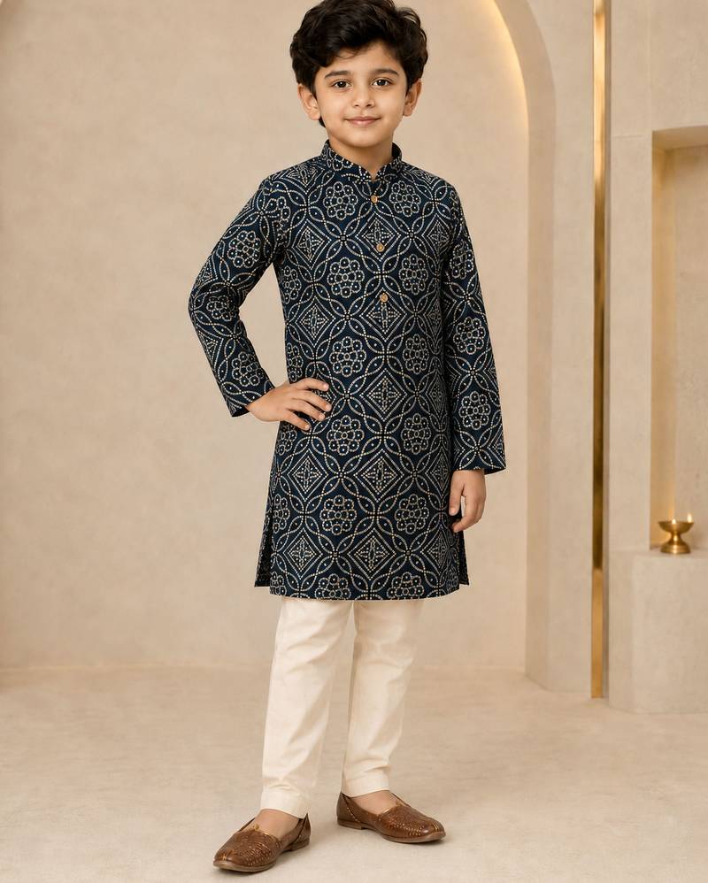 Boy's navy blue rayon geometric print knee length kurta and pyjama set