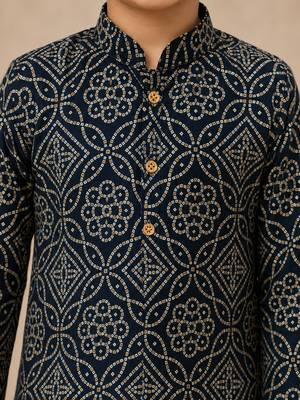 Boy's navy blue rayon geometric print knee length kurta and pyjama set 2