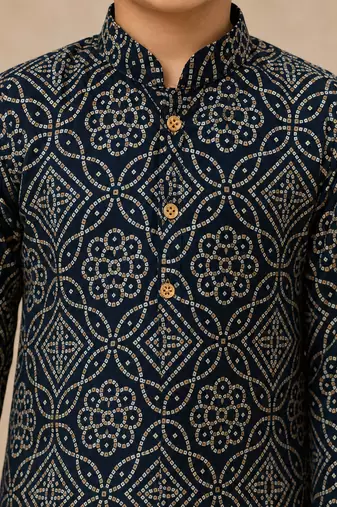Boy's navy blue rayon geometric print knee length kurta and pyjama set