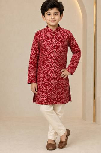 Boy's red rayon geometric print knee length kurta and pyjama set