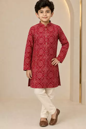 Boy's red rayon geometric print knee length kurta and pyjama set