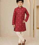 Boy's red rayon geometric print knee length kurta and pyjama set