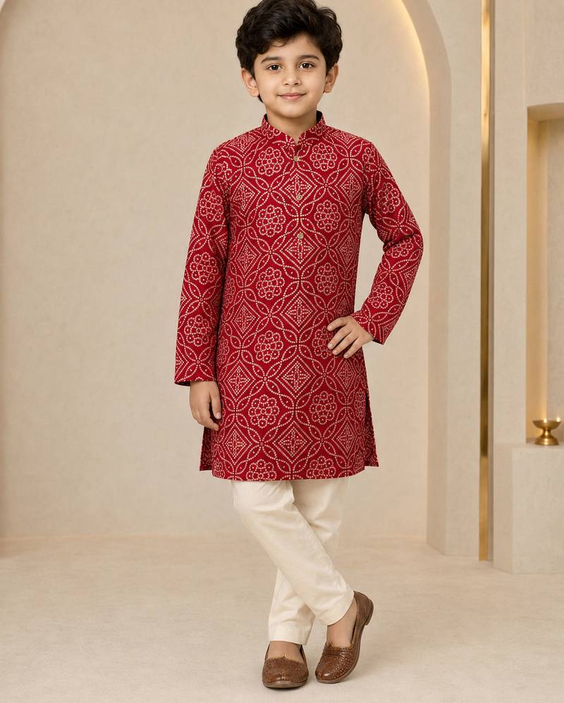Boy's red rayon geometric print knee length kurta and pyjama set