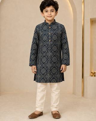 Boy's navy blue rayon geometric print knee length kurta and pyjama set 3
