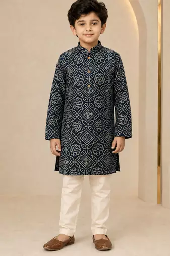 Boy's navy blue rayon geometric print knee length kurta and pyjama set