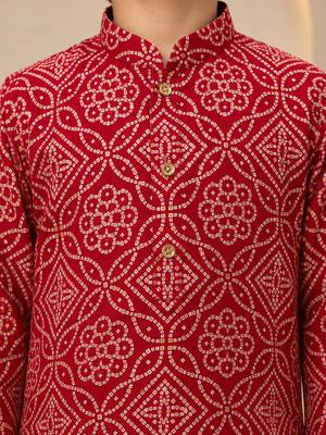 Boy's red rayon geometric print knee length kurta and pyjama set 2