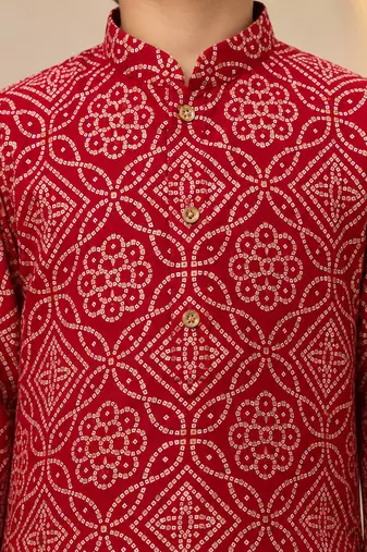 Boy's red rayon geometric print knee length kurta and pyjama set