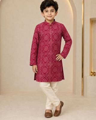 Boy's maroon rayon geometric print knee length kurta and pyjama set 1