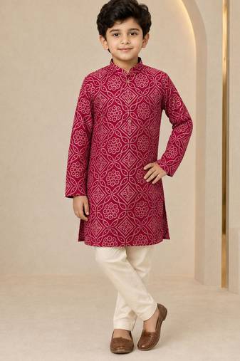 Boy's maroon rayon geometric print knee length kurta and pyjama set