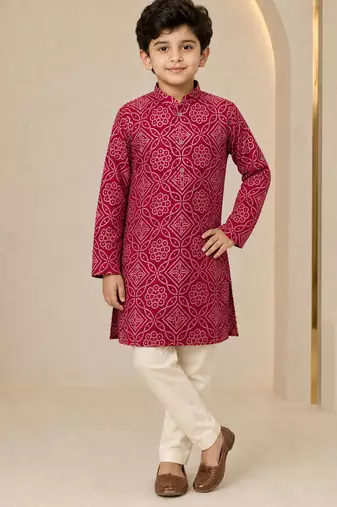 Boy's maroon rayon geometric print knee length kurta and pyjama set