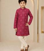Boy's maroon rayon geometric print knee length kurta and pyjama set