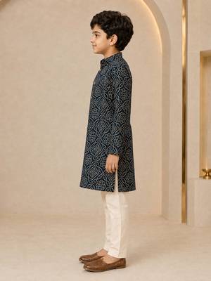 Boy's navy blue rayon geometric print knee length kurta and pyjama set 4