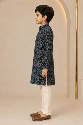 Boy's navy blue rayon geometric print knee length kurta and pyjama set