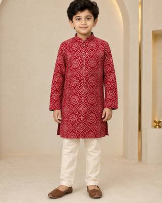 Boy's red rayon geometric print knee length kurta and pyjama set 3