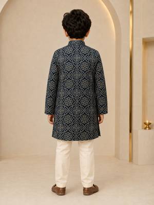 Boy's navy blue rayon geometric print knee length kurta and pyjama set 5
