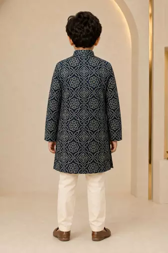 Boy's navy blue rayon geometric print knee length kurta and pyjama set