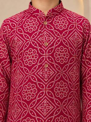 Boy's maroon rayon geometric print knee length kurta and pyjama set 2