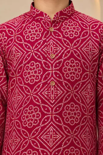 Boy's maroon rayon geometric print knee length kurta and pyjama set