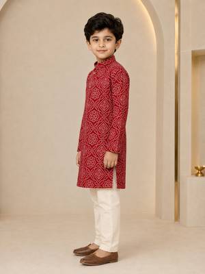 Boy's red rayon geometric print knee length kurta and pyjama set 4