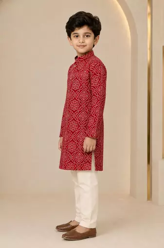 Boy's red rayon geometric print knee length kurta and pyjama set