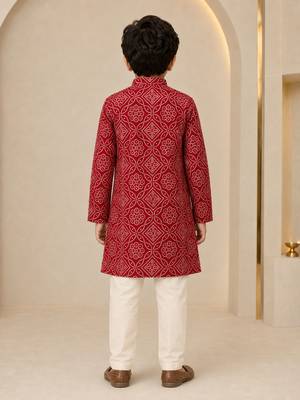 Boy's red rayon geometric print knee length kurta and pyjama set 5