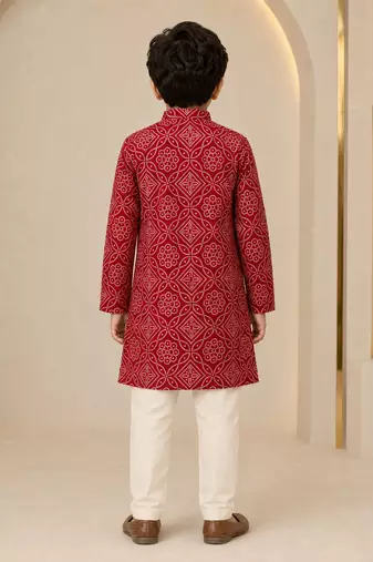 Boy's red rayon geometric print knee length kurta and pyjama set