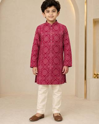 Boy's maroon rayon geometric print knee length kurta and pyjama set 3