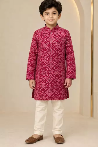 Boy's maroon rayon geometric print knee length kurta and pyjama set