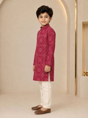 Boy's maroon rayon geometric print knee length kurta and pyjama set 4