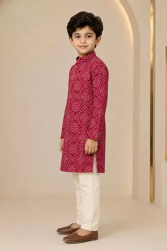Boy's maroon rayon geometric print knee length kurta and pyjama set
