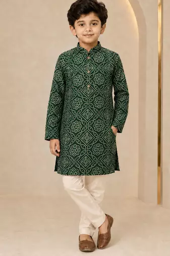 Boy's dark green rayon geometric print knee length kurta and pyjama set