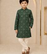 Boy's dark green rayon geometric print knee length kurta and pyjama set