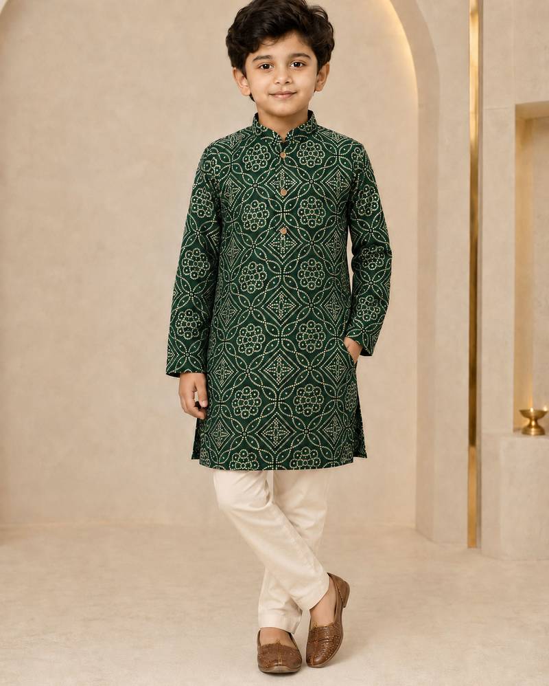 Boy's dark green rayon geometric print knee length kurta and pyjama set