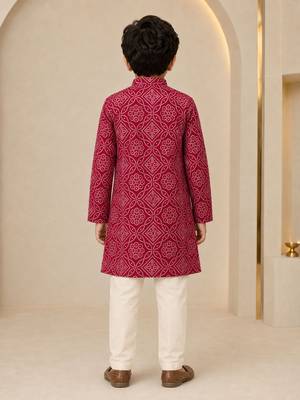 Boy's maroon rayon geometric print knee length kurta and pyjama set 5
