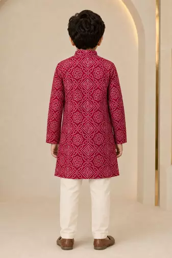 Boy's maroon rayon geometric print knee length kurta and pyjama set